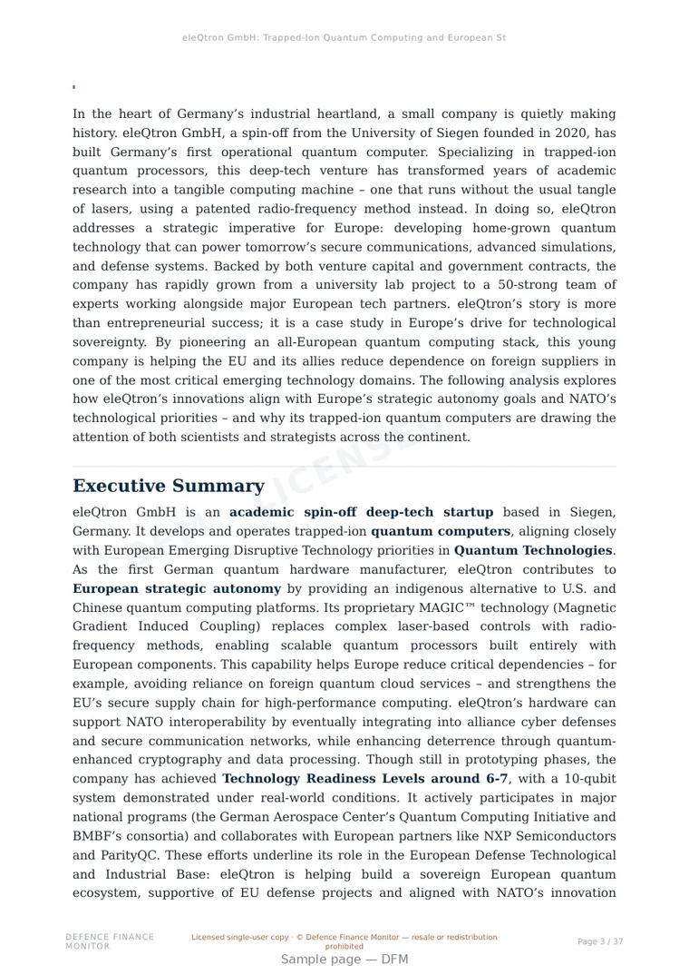 Sample page from “eleQtron GmbH: Trapped-Ion Quantum Computing and European Strategic Autonomy” — 38-page report