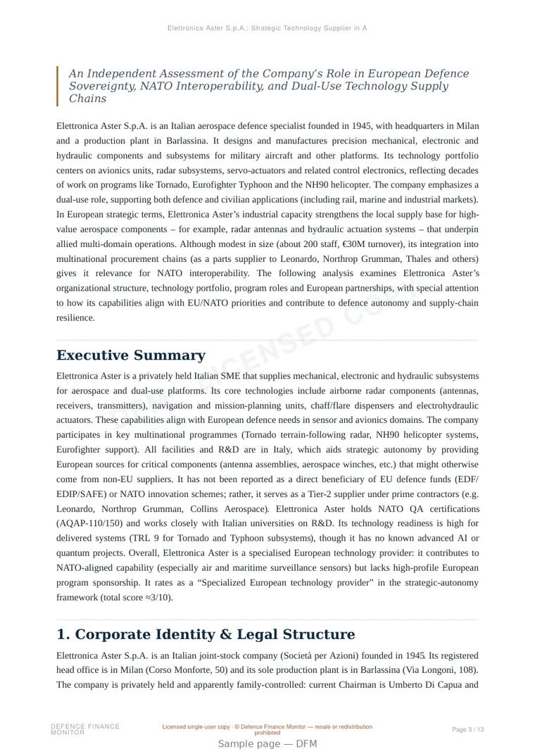 Sample page from “Elettronica Aster S.p.A.: Strategic Technology Supplier in Aerospace Defence Systems” — 14-page report