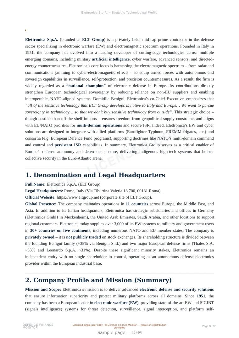 Sample page from “Elettronica S.p.A. – Strategic Technological Profile” — 34-page report