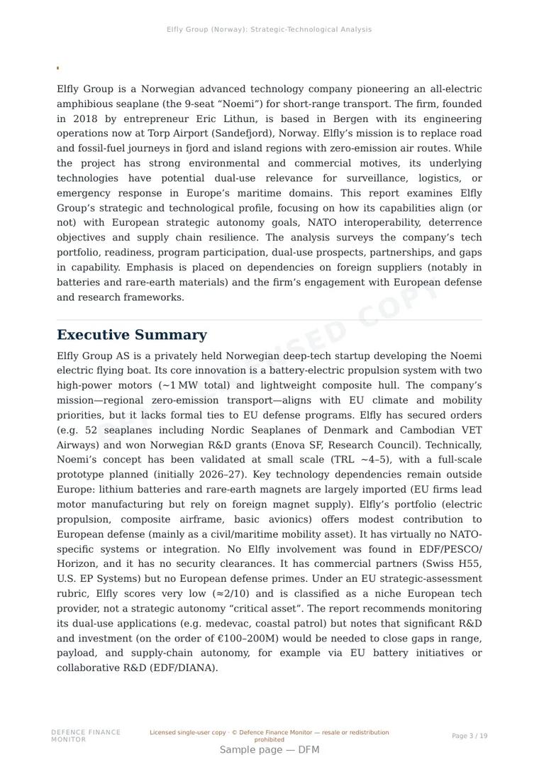 Sample page from “Elfly Group — Norway advanced propulsion company” — 20-page report