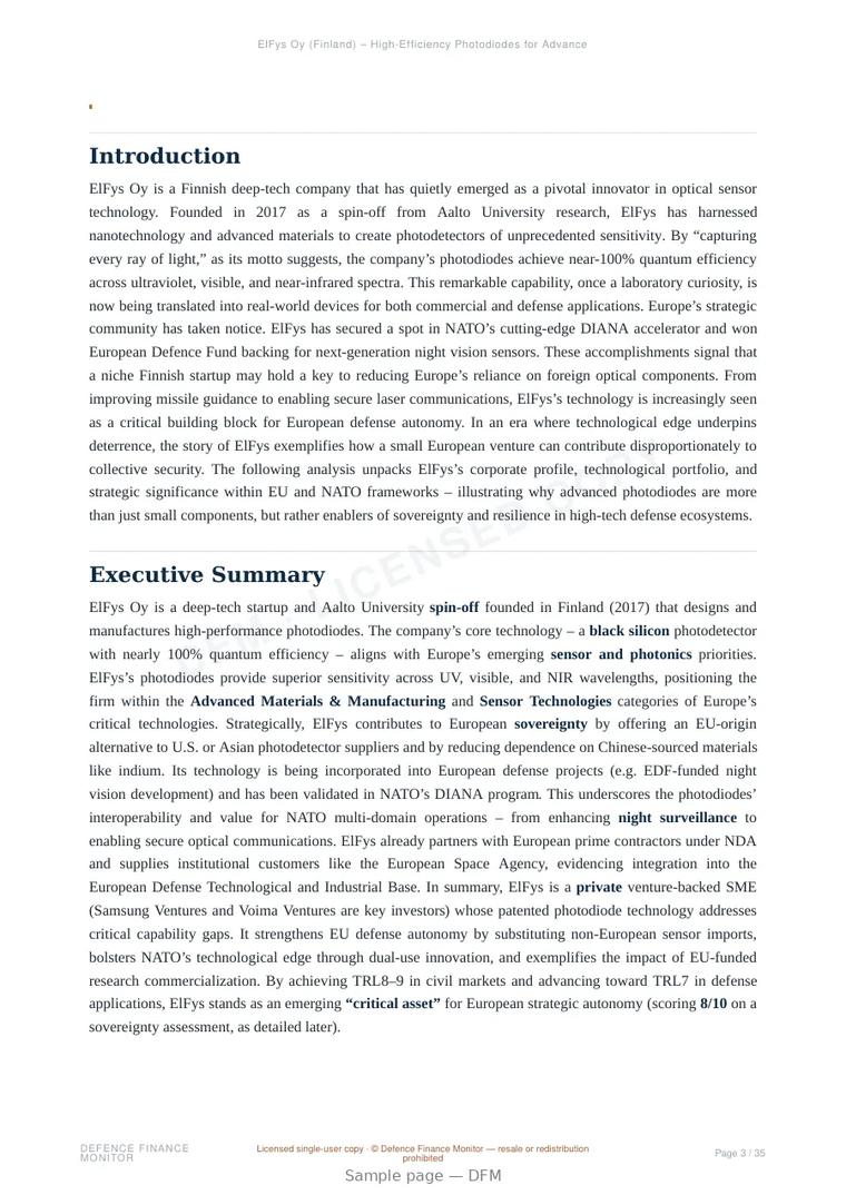 Sample page from “ElFys Oy — Finland electro-optical company” — 36-page report