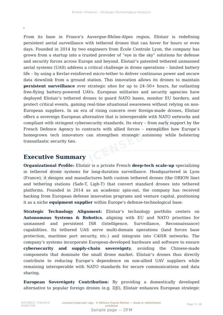 Sample page from “Elistair — France unmanned aerial systems company” — 39-page report