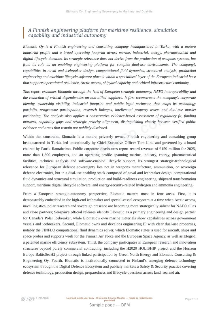 Sample page from “Elomatic Oy: Engineering Sovereignty in Maritime and Dual-Use Systems” — 13-page report