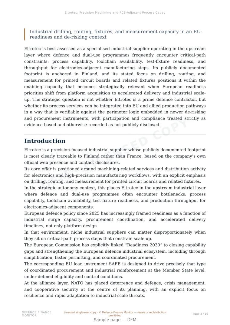 Sample page from “Eltrotec: Precision Machining and PCB-Adjacent Process Capacity” — 17-page report