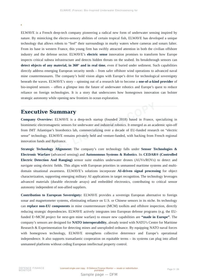 Sample page from “ELWAVE (France): Bio-Inspired Underwater Electrosensing for Mine Countermeasures and Infrastructure Security” — 27-page report