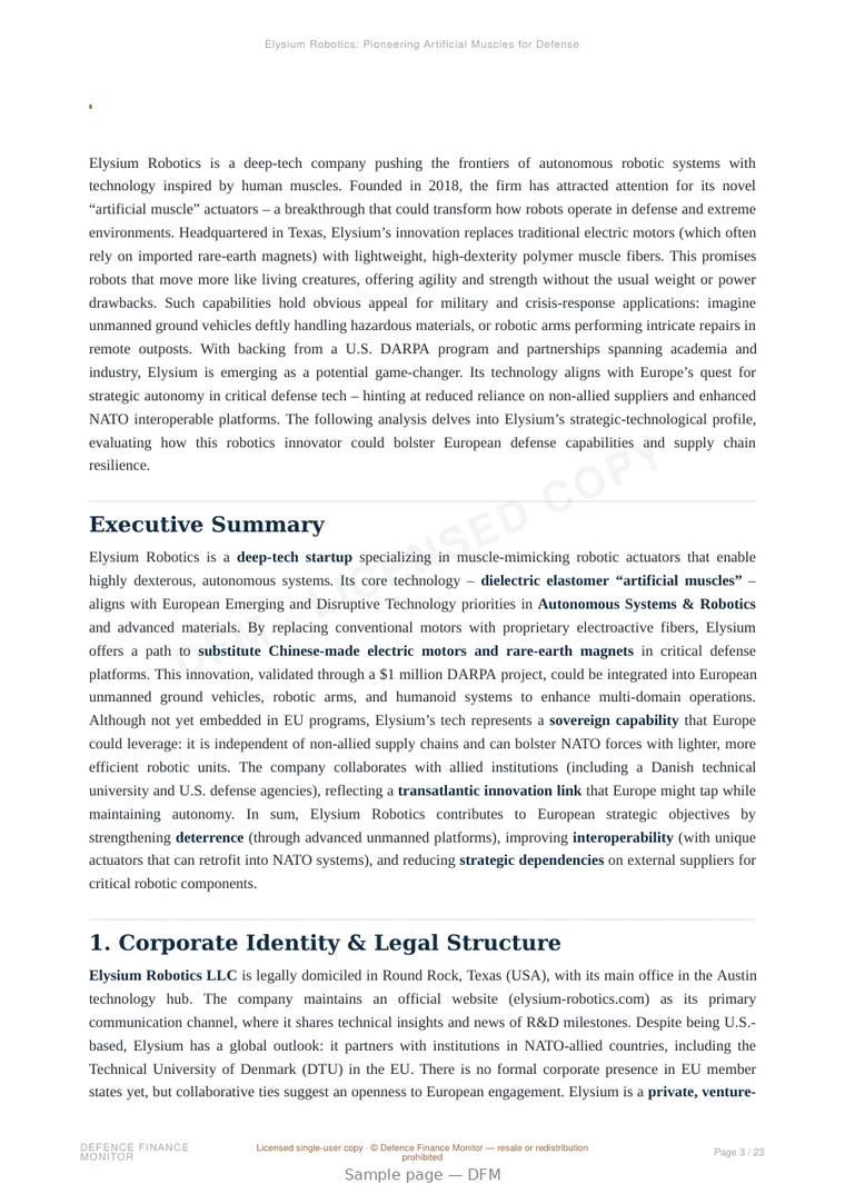 Sample page from “Elysium Robotics: Pioneering Artificial Muscles for Defense Autonomy” — 24-page report
