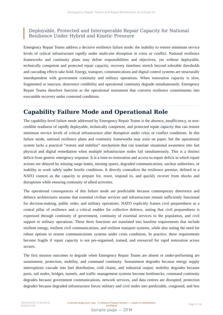 Sample page from “Emergency Repair Teams and Rapid Restoration of Critical Infrastructure” — 17-page report