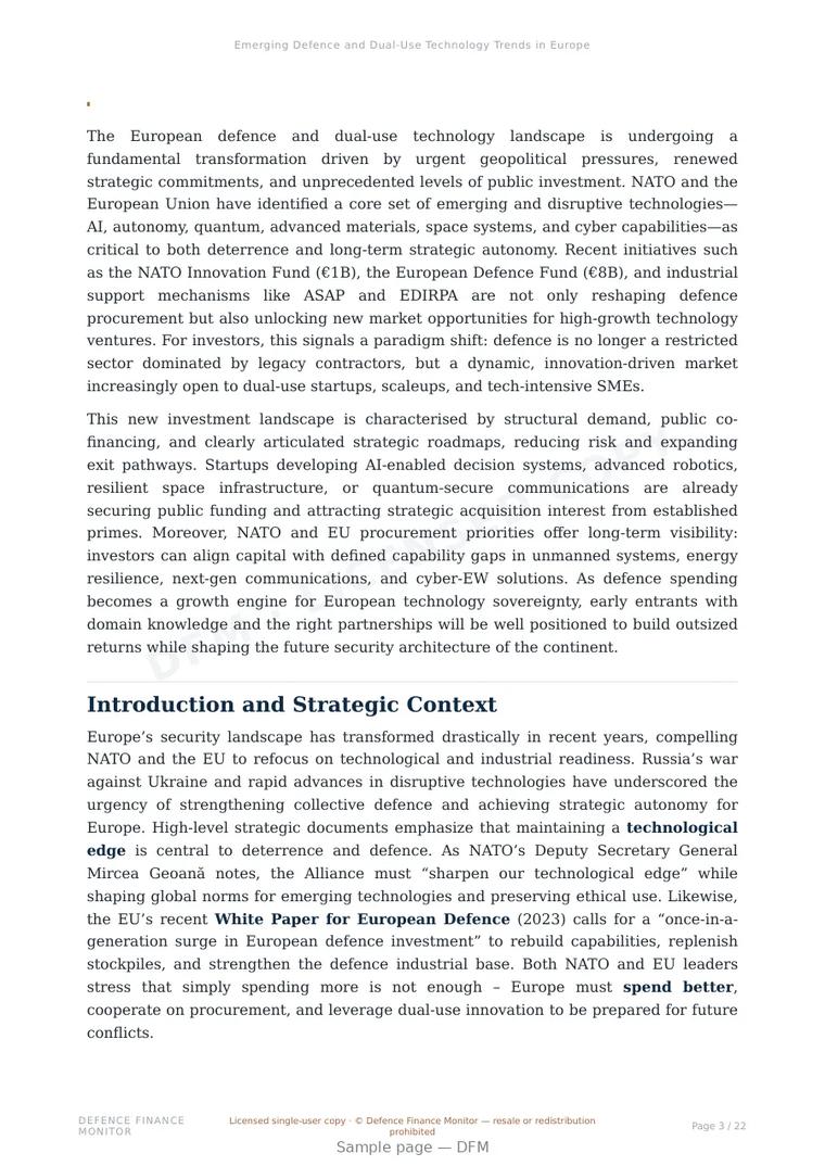 Sample page from “Emerging Defence and Dual-Use Technology Trends in Europe” — 23-page report