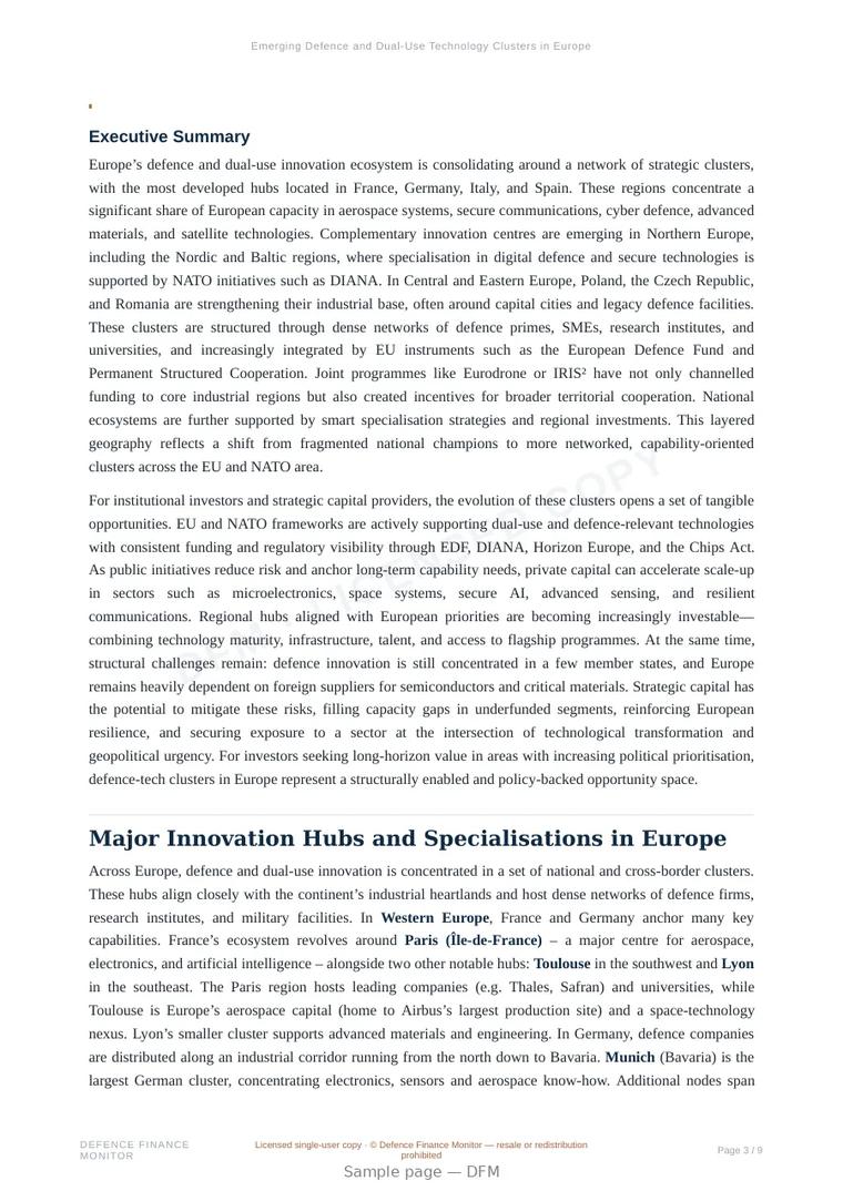 Sample page from “Emerging Defence and Dual‑Use Technology Clusters in Europe” — 10-page report