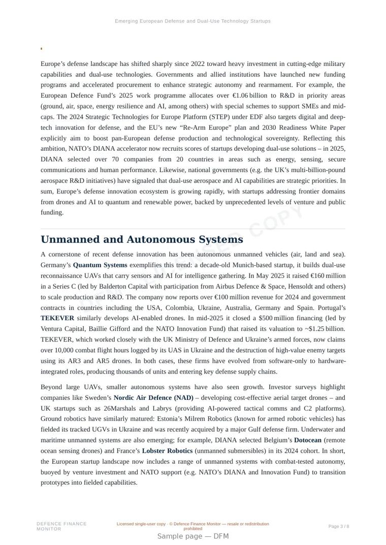 Sample page from “Emerging European Defense and Dual-Use Technology Startups” — 9-page report