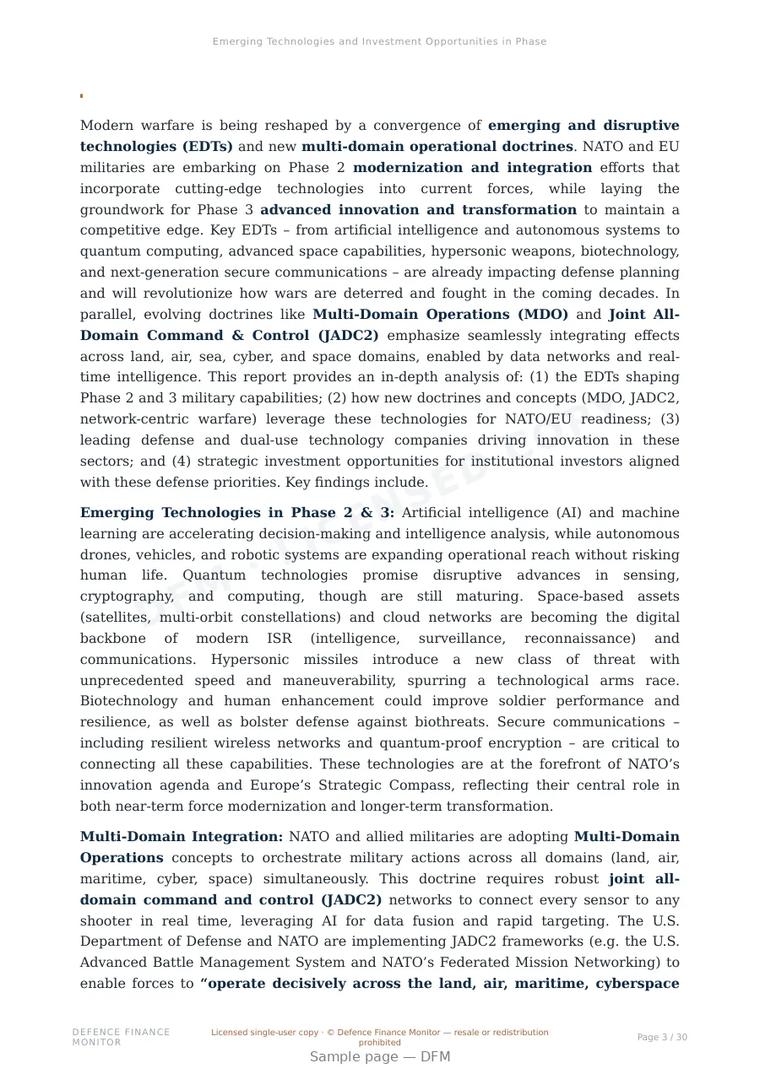 Sample page from “Emerging Technologies and Investment Opportunities in Phase 2 and Phase 3 Defense Transformations” — 31-page report