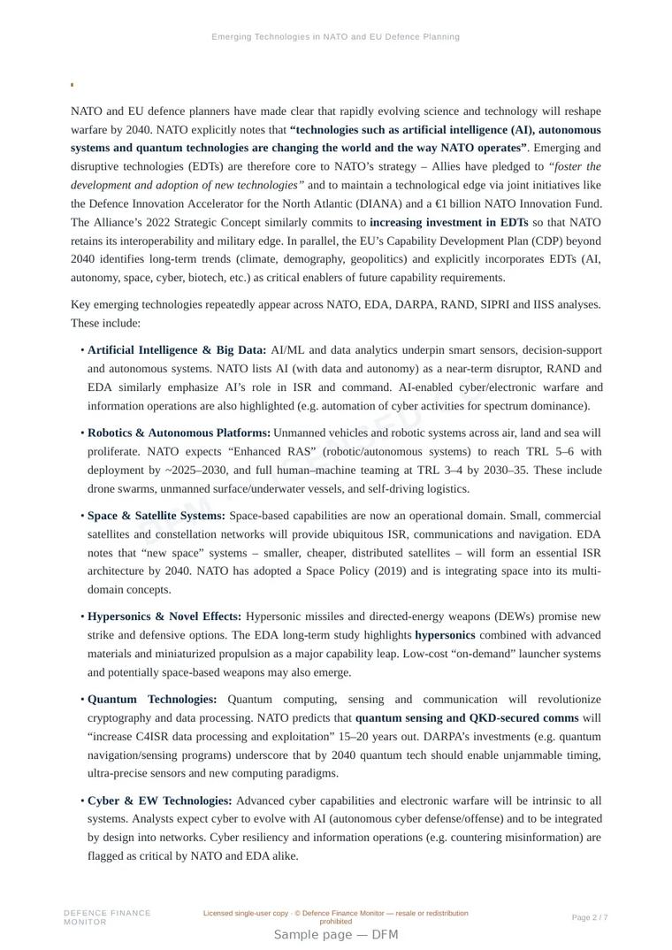 Sample page from “Emerging Technologies in NATO and EU Defence Planning” — 8-page report