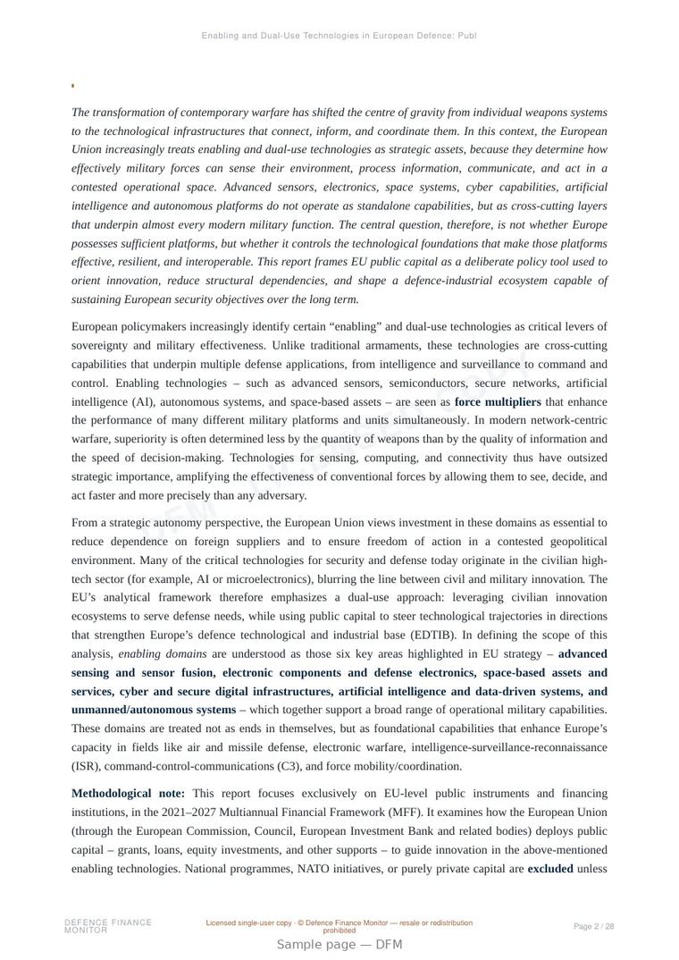 Sample page from “Enabling and Dual-Use Technologies in European Defence: Public Capital as a Strategic Lever for Autonomy and Military Effectiveness” — 29-page report