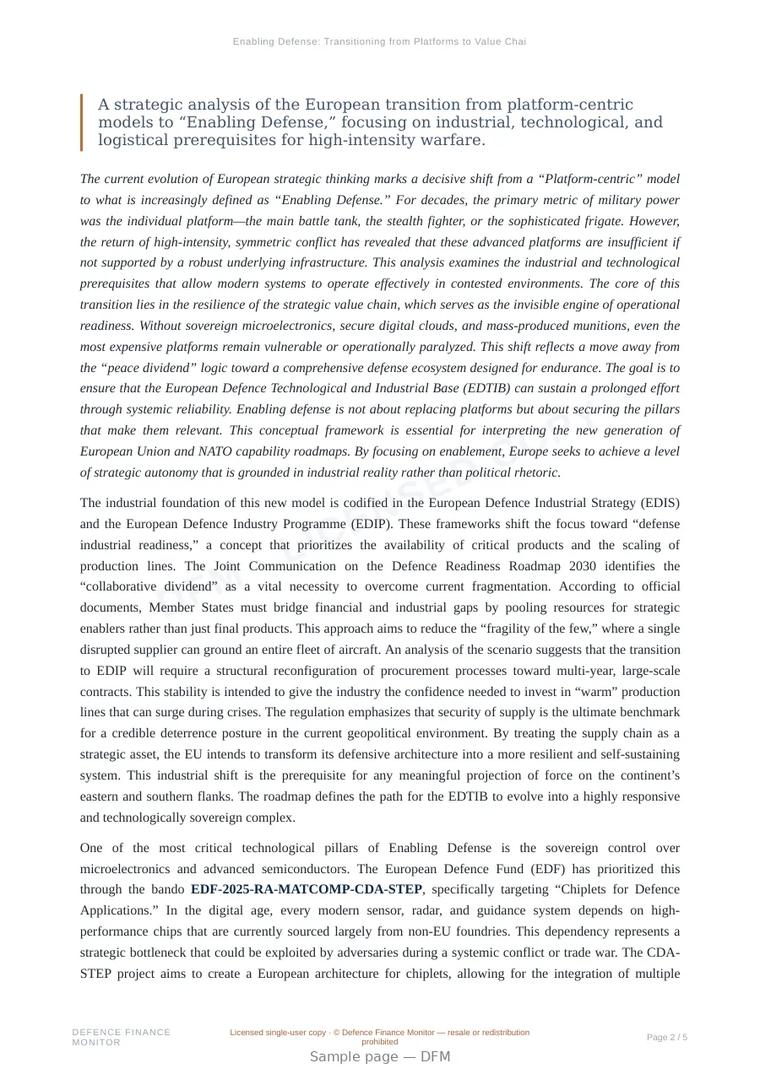Sample page from “Enabling Defense: Transitioning from Platforms to Value Chain Resilience” — 6-page report