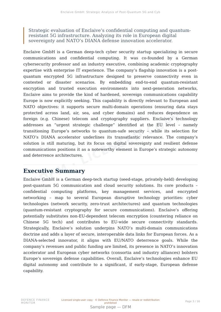 Sample page from “Enclaive GmbH: Strategic Analysis of Post-Quantum 5G and Cyber Sovereignty” — 17-page report