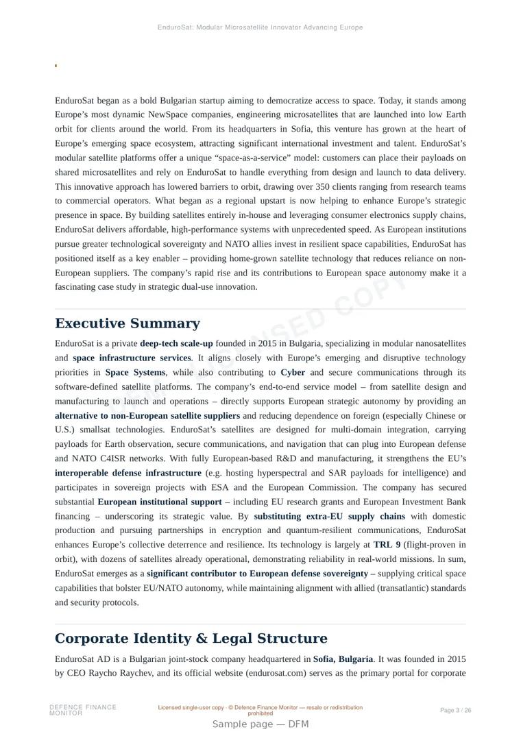 Sample page from “EnduroSat: Modular Microsatellite Innovator Advancing European Strategic Autonomy” — 27-page report