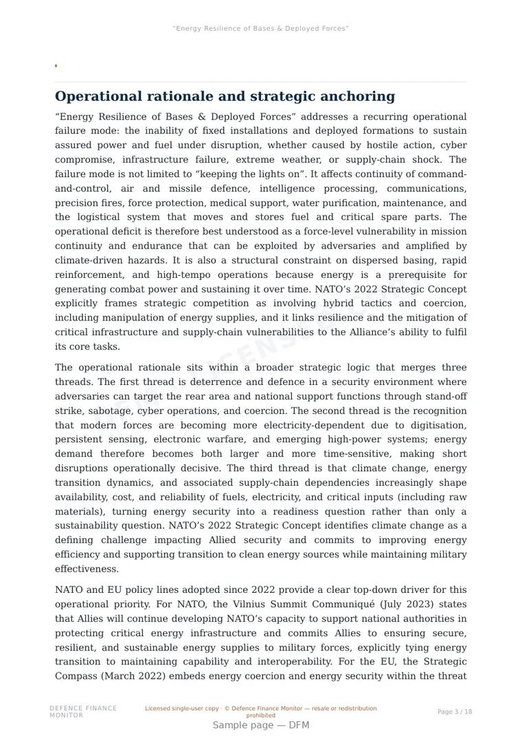 Sample page from ““Energy Resilience of Bases & Deployed Forces”” — 19-page report