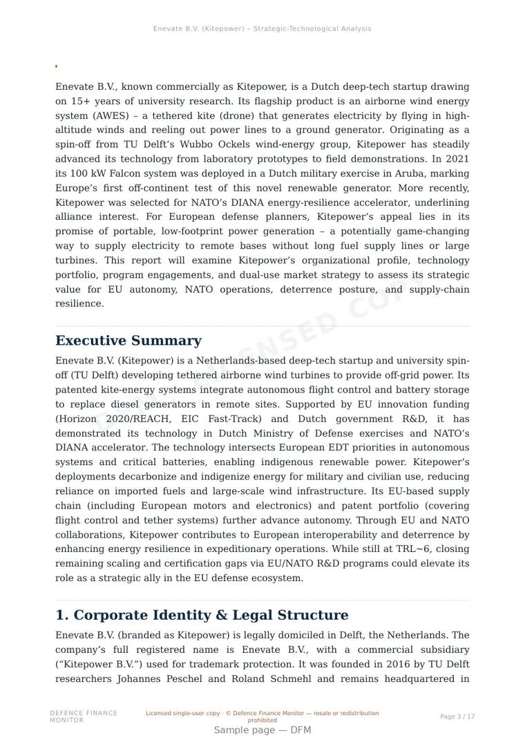 Sample page from “Enevate B.V. (Kitepower) — Netherlands energy storage company” — 18-page report