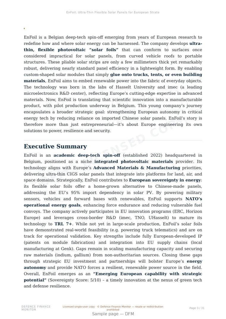 Sample page from “EnFoil: Ultra-Thin Flexible Solar Panels for European Strategic Autonomy” — 32-page report