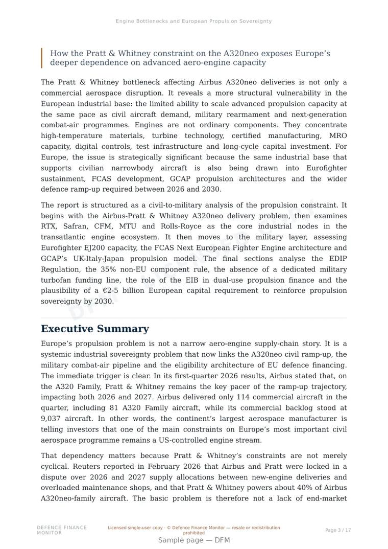 Sample page from “Engine Bottlenecks and European Propulsion Sovereignty” — 18-page report
