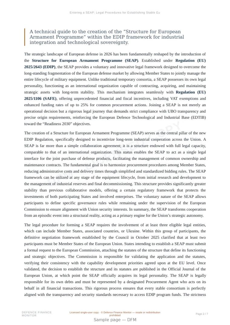 Sample page from “Entering a SEAP: Legal Procedures for Establishing Stable European Security Consortia” — 8-page report