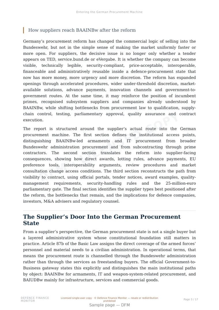Sample page from “Entering the German Procurement Machine” — 18-page report