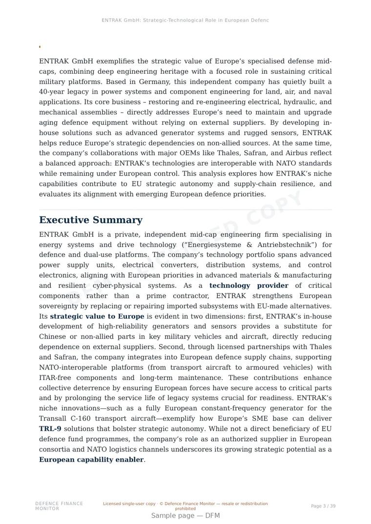 Sample page from “ENTRAK GmbH: Strategic-Technological Role in European Defence Autonomy and Supply Chain Resilience” — 40-page report