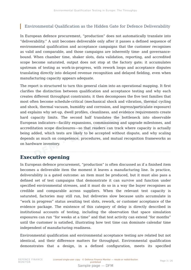 Sample page from “Environmental Qualification Testing in Europe: The Throughput Bottleneck That Determines Defence-Industrial Deliverability” — 27-page report