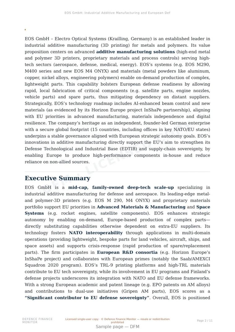 Sample page from “EOS GmbH: Industrial Additive Manufacturing and European Defense Sovereignty” — 12-page report