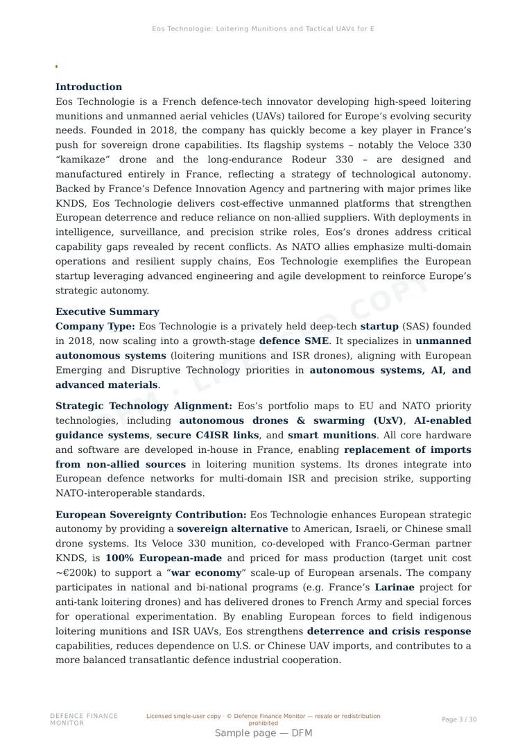 Sample page from “Eos Technologie: Loitering Munitions and Tactical UAVs for European Defence Autonomy” — 31-page report