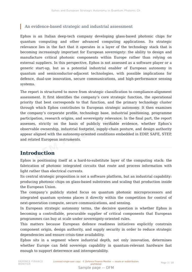 Sample page from “Ephos and European Strategic Autonomy in Quantum Photonic Chips” — 19-page report