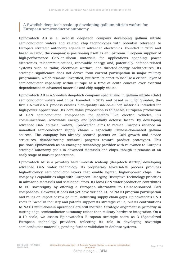 Sample page from “Epinovatech AB: European GaN Semiconductor Sovereignty at the Material Layer” — 17-page report