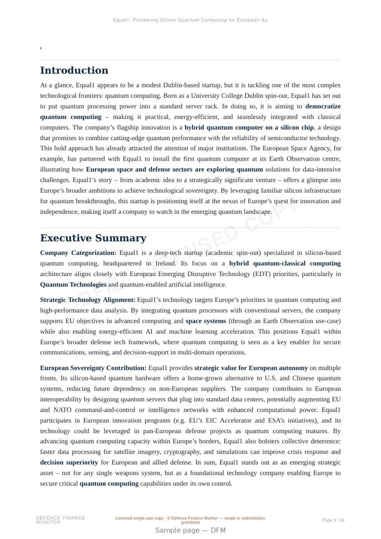 Sample page from “Equal1: Pioneering Silicon Quantum Computing for European Autonomy” — 35-page report