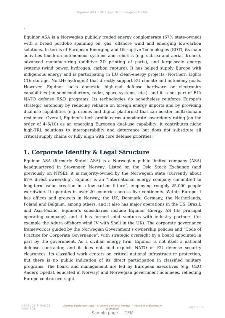 Sample page from “Equinor ASA – Strategic-Technological Profile” — 19-page report