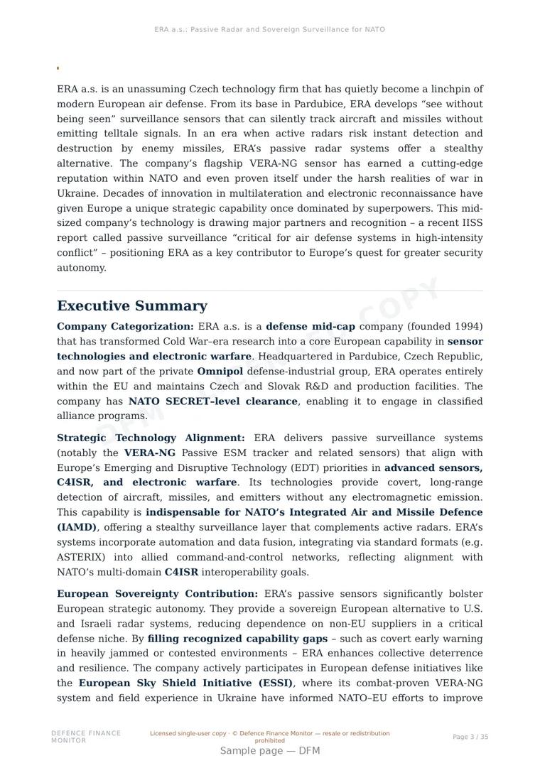 Sample page from “ERA a.s.: Passive Radar and Sovereign Surveillance for NATO” — 36-page report
