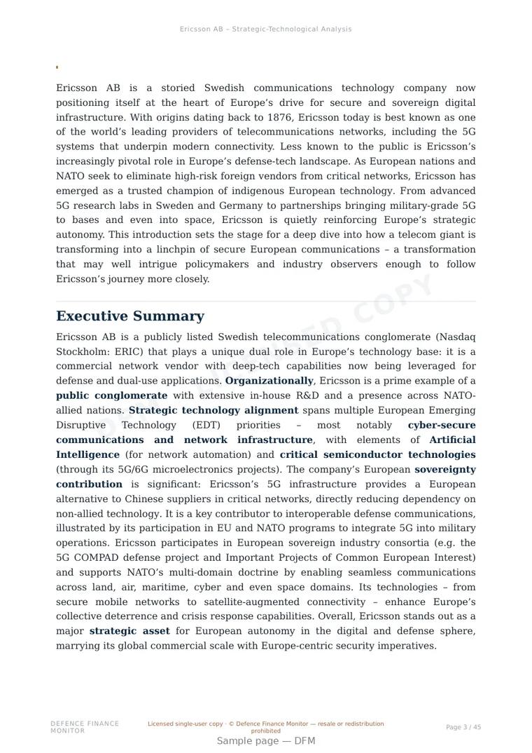 Sample page from “Ericsson AB — Sweden secure communications company” — 46-page report