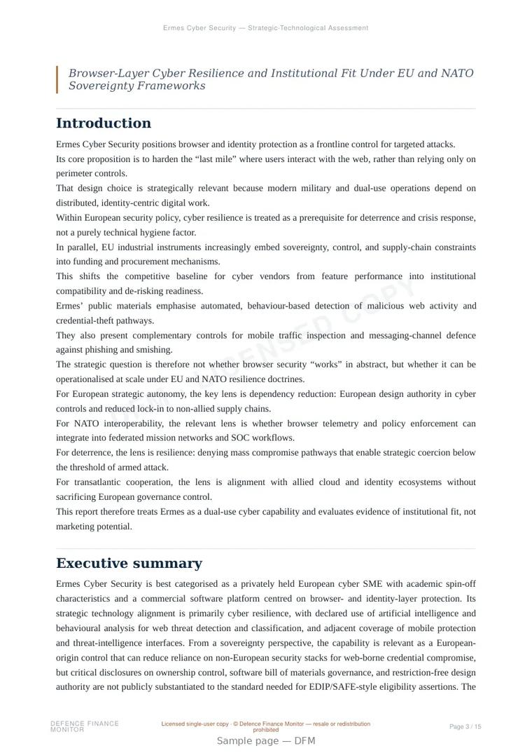 Sample page from “Ermes Cyber Security — Strategic-Technological Assessment” — 16-page report