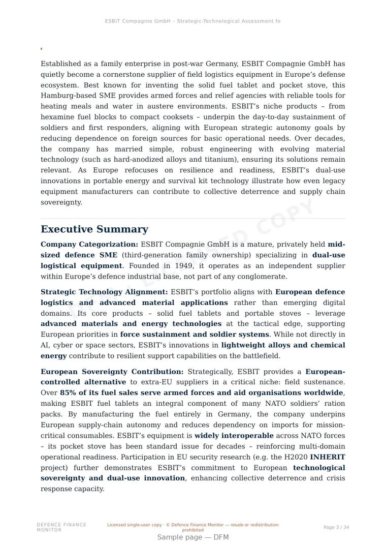Sample page from “ESBIT Compagnie GmbH – Strategic-Technological Assessment for European Defence Autonomy and Dual-Use Logistics” — 35-page report