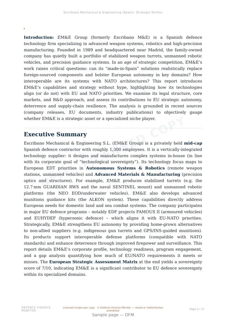 Sample page from “EM&E Group — Spain unmanned ground systems company” — 18-page report