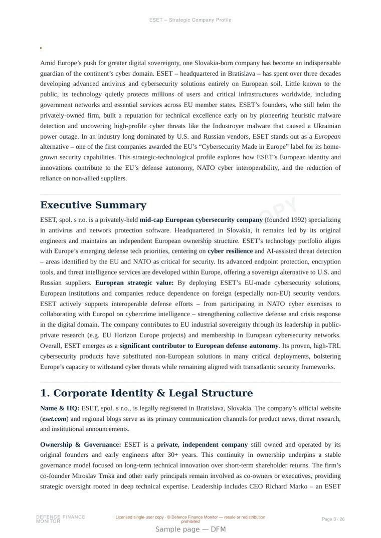 Sample page from “ESET – Strategic Company Profile” — 27-page report