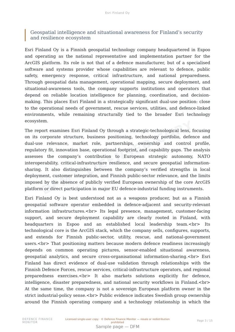 Sample page from “Esri Finland Oy” — 16-page report