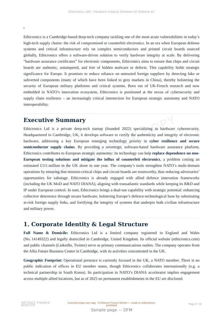 Sample page from “Ethicronics (UK): Hardware Integrity Software for Defence and Dual-Use Security” — 33-page report