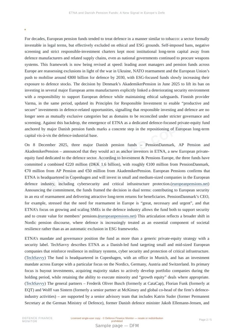 Sample page from “ETNA and Danish Pension Funds: A New Signal in Europe’s Defence Capital Markets” — 6-page report