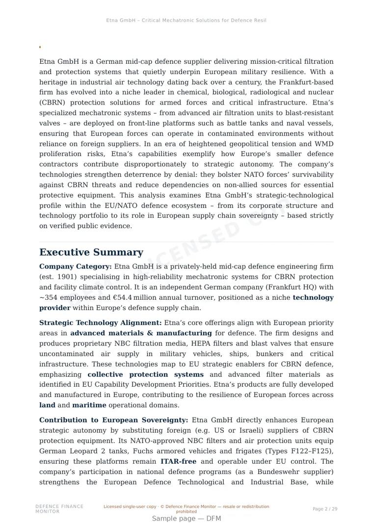 Sample page from “Etna GmbH – Critical Mechatronic Solutions for Defence Resilience” — 30-page report