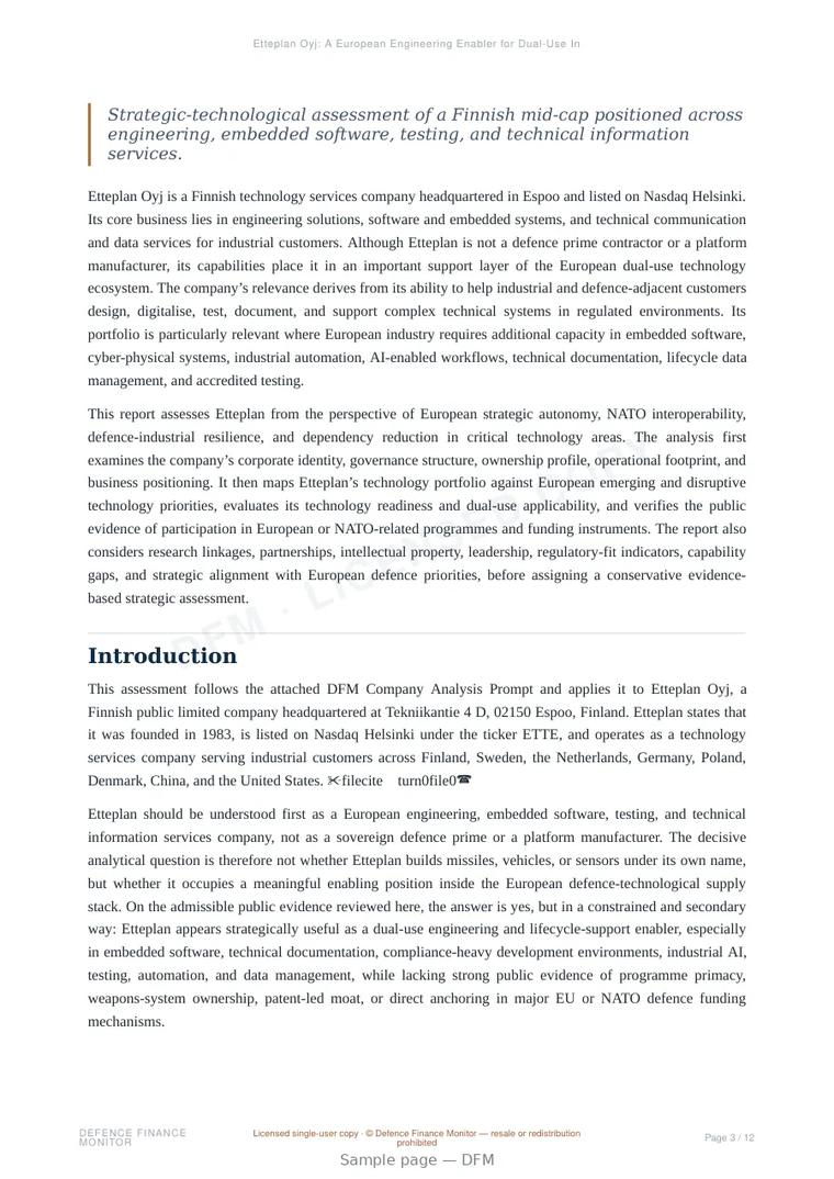 Sample page from “Etteplan Oyj: A European Engineering Enabler for Dual-Use Industrial Resilience” — 13-page report