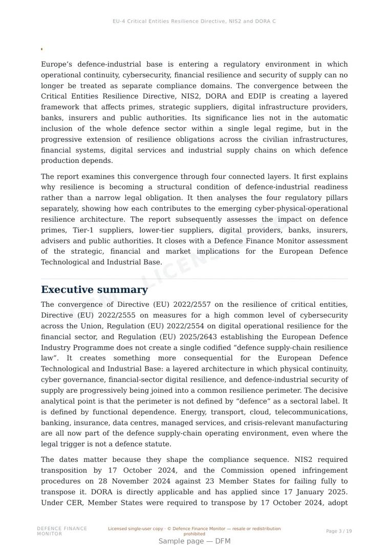 Sample page from “EU-4 Critical Entities Resilience Directive, NIS2 and DORA Convergence in the Defence Supply Chain” — 20-page report