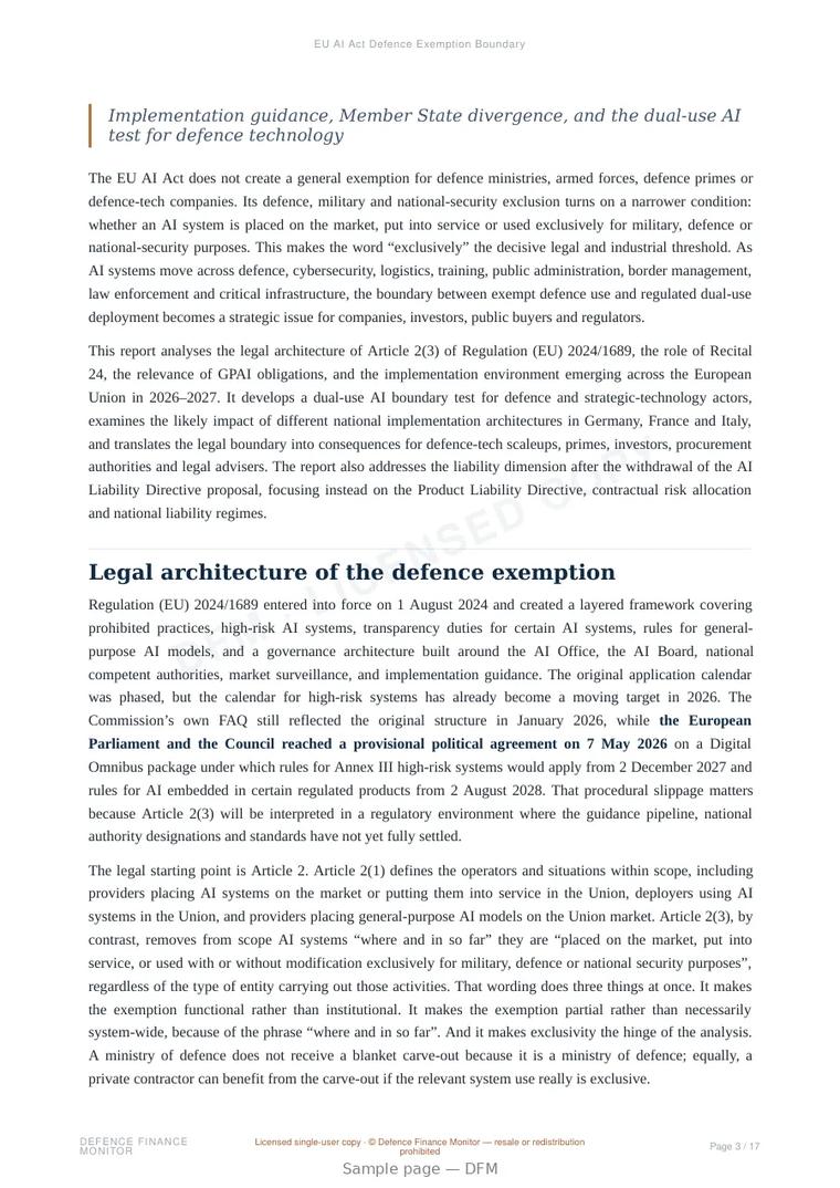 Sample page from “EU AI Act Defence Exemption Boundary” — 18-page report