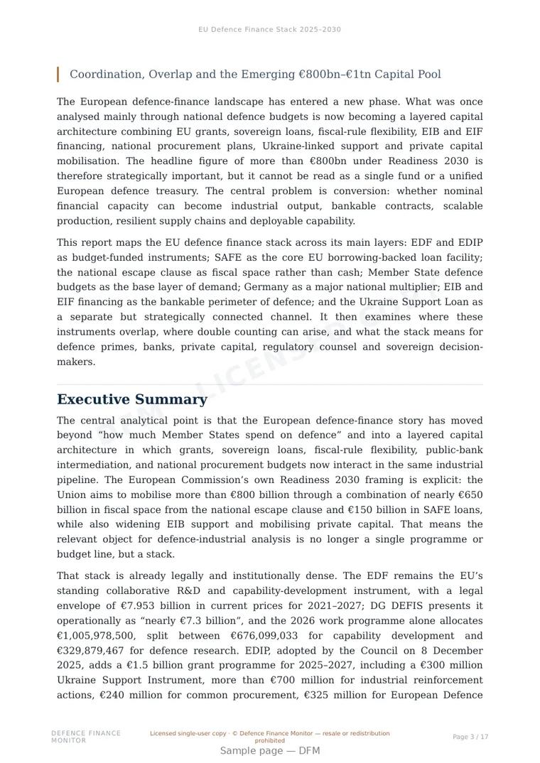 Sample page from “EU Defence Finance Stack 2025–2030” — 18-page report