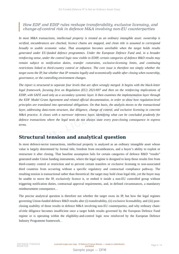 Sample page from “EU-Funded Defence IP Is Not an Ordinary Asset Class” — 15-page report