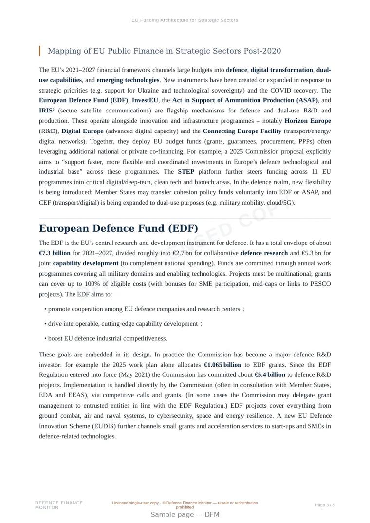 Sample page from “EU Funding Architecture for Strategic Sectors” — 9-page report